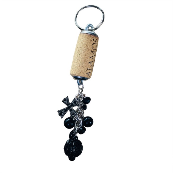 Hand-Crafted Black Beaded Cross Charm Wine Cork PURSE/Backpack Keychain Jewelry - Picture 9 of 16